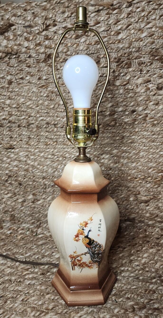 Vintage Asian Porcelain Peacock Table Lamp Hand Painted Cream Brown 20"